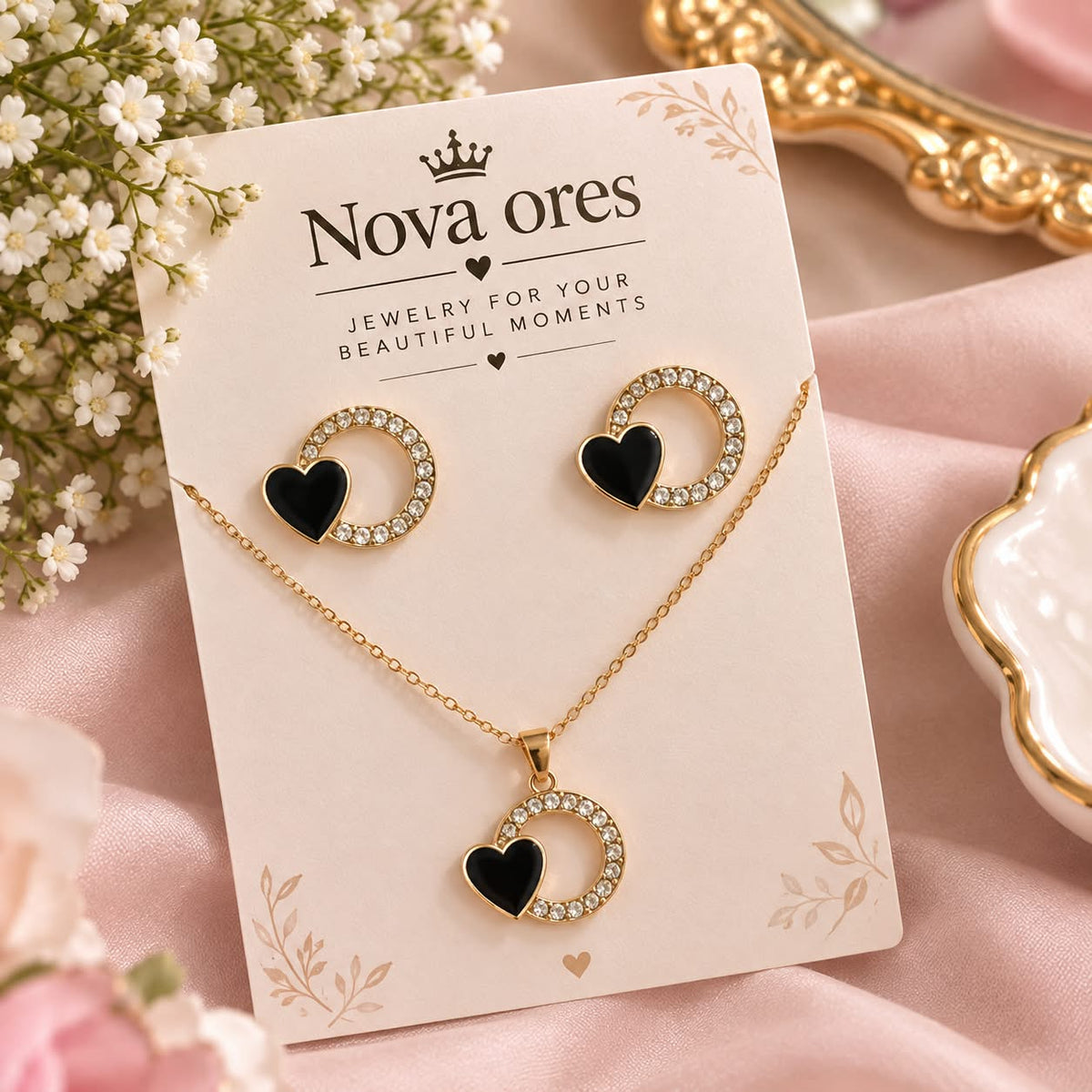 Black Heart Necklace & Earrings Set