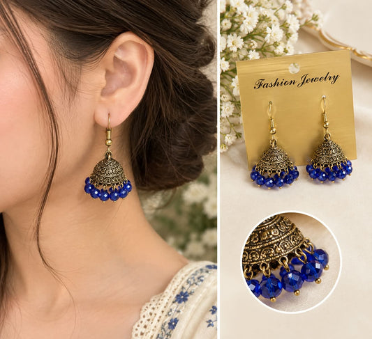 Blue Beaded Jhumka Earrings