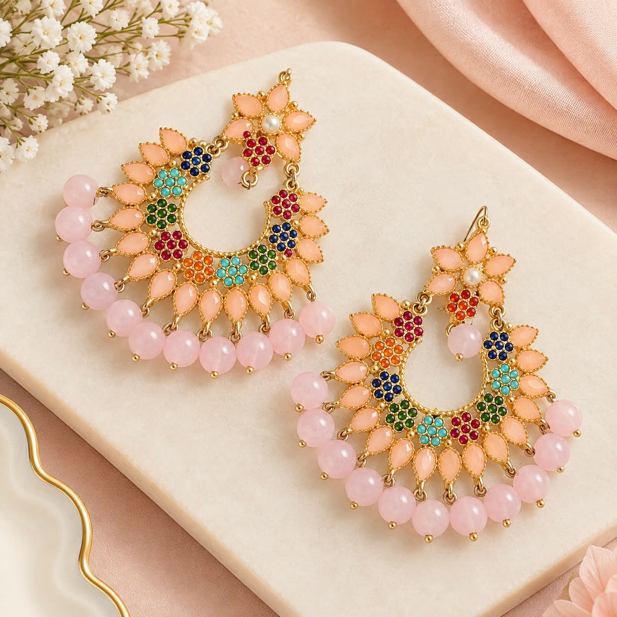 Peach Floral Chandelier Earrings with Pink Beads