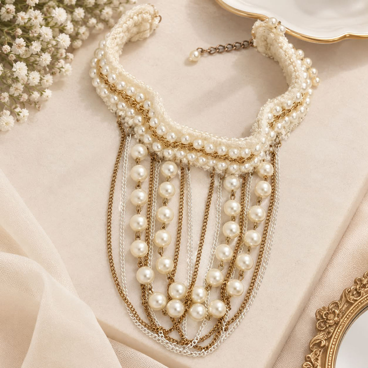 Elegant Pearl Layered Choker Necklace