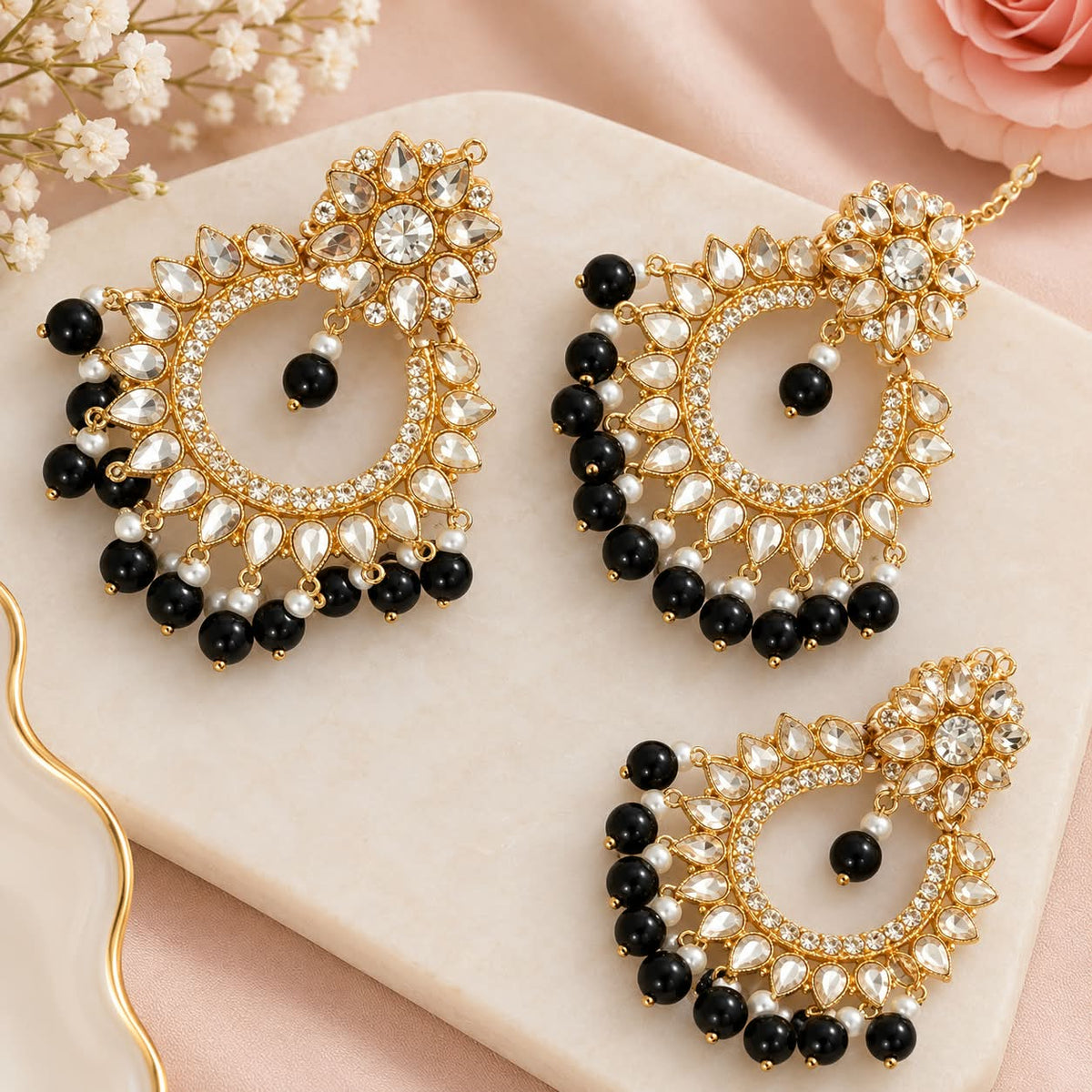 Gold Crystal Chandelier Earrings with Black & Pearl Beads | Statement Party Jewelry
