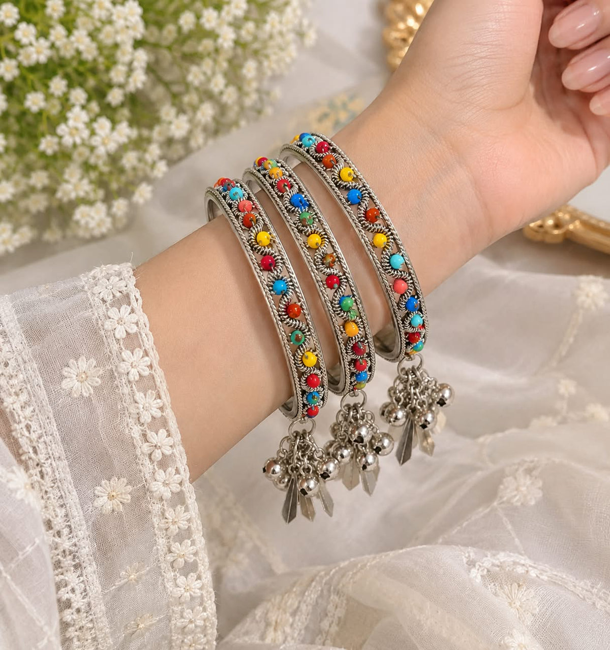 Multicolor Beaded Silver Bangles