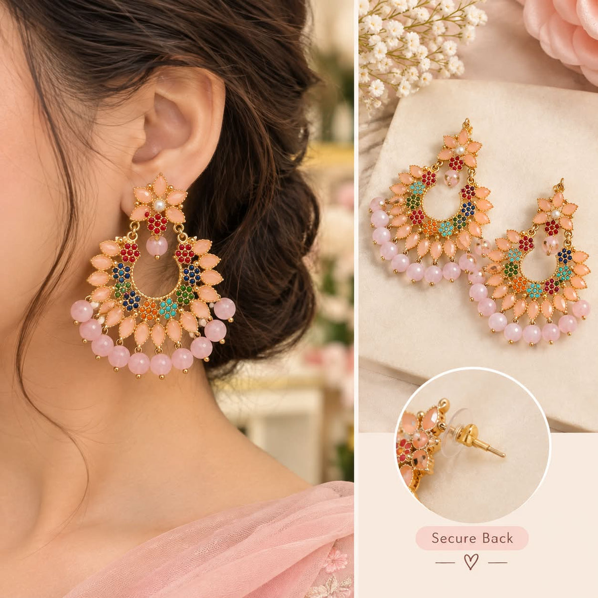 Peach Floral Chandelier Earrings with Pink Beads
