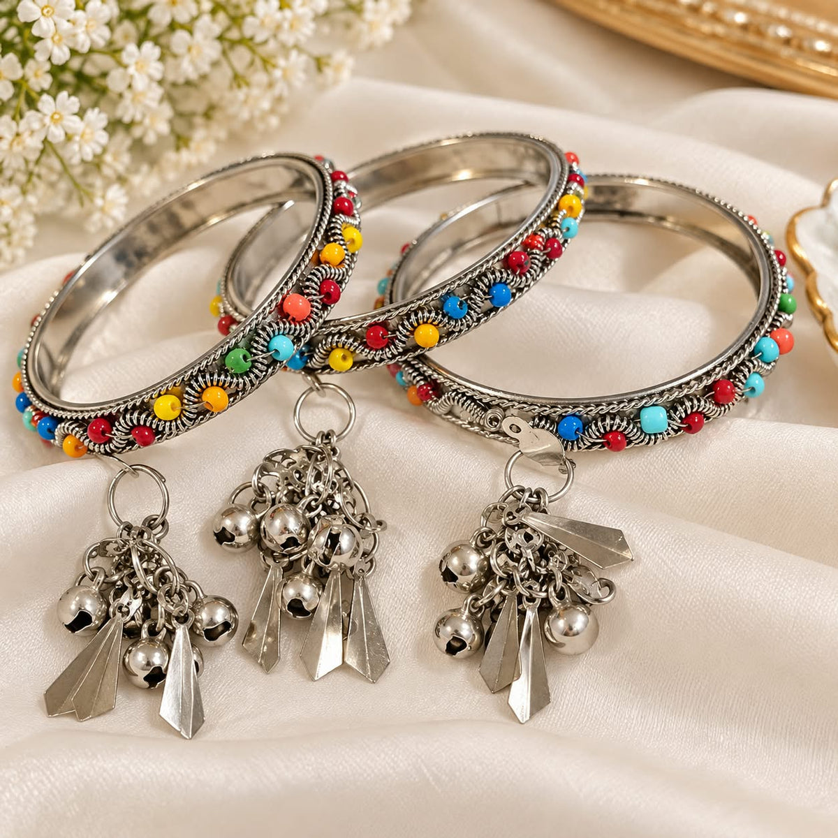 Multicolor Beaded Silver Bangles