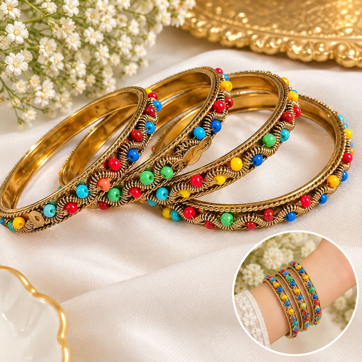 Multicolor Beaded Silver Bangles